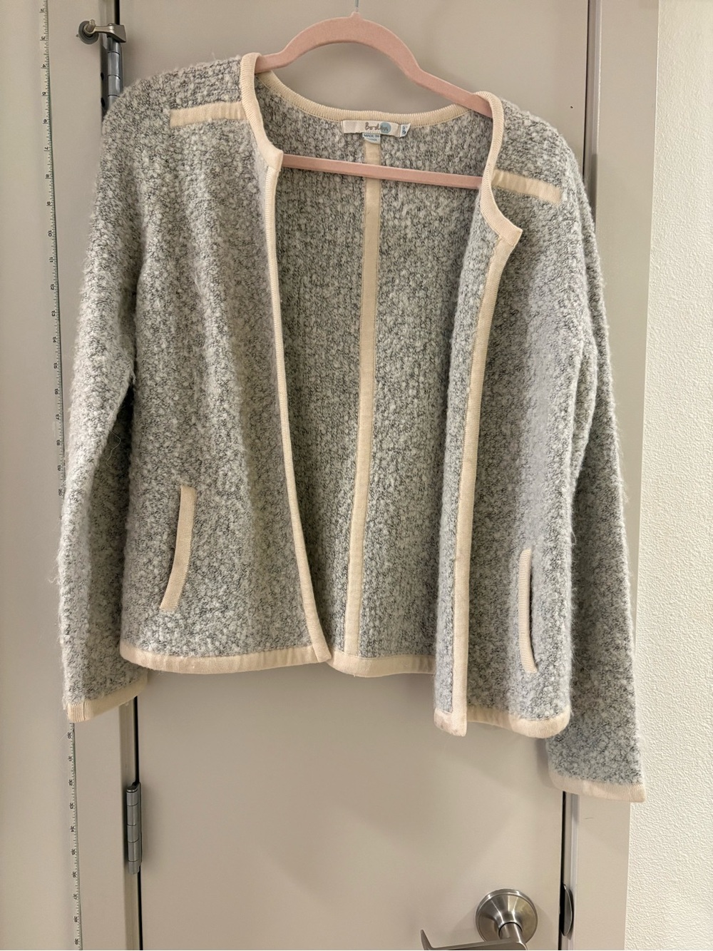 Boden Grey Bouclé Open Cardigan with Cream Trim